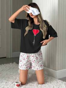 SHEIN Cottnline Bộ đồ ngủ ngắn tay in hình cotton cho nữ màu trắng - màu đen - Xem 6