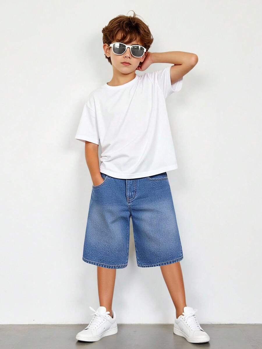 SHEIN 青少年男孩休闲牛仔短裤，松紧腰宽松复古洗水牛仔短裤，夏季街头风格