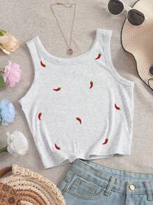 INAWLY 女式辣椒刺绣圆领背心 - 灰色 - 查看 3