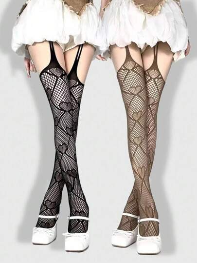 Kawaii (2 piezas) Pantis / medias / leggings de alta elasticidad con diseño de corazón para mujeres