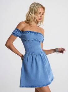 SHEIN Unity 女士露肩牛仔紧身连衣裙 - 藍色 - 查看 5