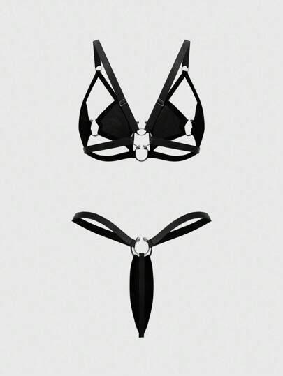 Grunge Punk Dark Punk Metal Ring Sexy Bralette & Thong Underwear Set