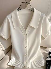 Franclia 新款夏季休闲宽松简约百搭通勤针织开衫，时尚设计 - 白色 - 查看 1