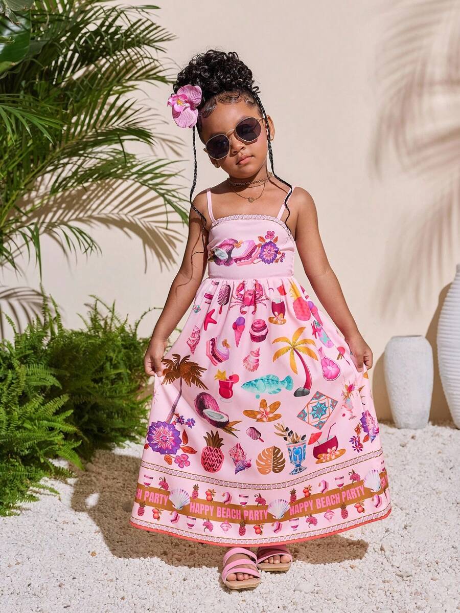 小女孩热带印花无袖连衣裙，夏季海滩度假兄弟姐妹装（2 件单独出售） - 粉色 - 查看 1