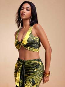 JIAN LASALA Floral Printed Knit Jersey Scoop Neck Drape Twist Cropped Top Women Summer Vacation Tropical Resort Wear Rave Festival Vintage Homecoming SXY Fall Tops Going Out Tops Sexy Women Tops Halloween Fall Top Western Sexy - Yellow - View 5
