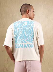 SUMWON Minimalist Organic Cotton Oversized Tee Water Wave Graphic Print Urban Streetwear Statement Design