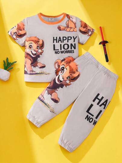 SHEIN Persoplay Kids Baby Boy Spring/Summer Fashionable Handsome Cartoon Printed Round Neck Short Sleeve T-Shirt And Pants Set