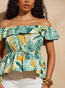 Vixey 100% Cotton Tropical Floral Print Off Shoulder Layered Ruffle Hi-Low Woven Top, Tropical, Tropical Vacation, Off The Shoulder Tropical Top, Vacation - Multicolor - View 4