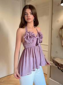 Elenzga Top de verano elegante tipo halter con aplicaciones de unicolor para mujeres