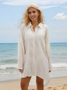 Swim Vcay 女士休闲优雅长款衬衫连衣裙罩衫，复古浪漫海滩度假装，夏季