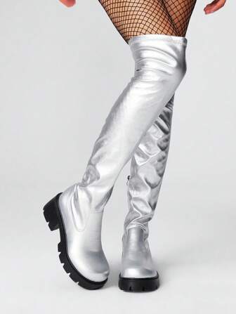 Goth Women's Fashion Over The Knee Boots Comfortable Round Toe Chunky Block Heels Thigh High Fall Boots With Adjustable Drawstring And Side Zipper