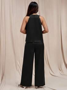 SHEIN PETITE بدلة نسائية بلون موحد بياقة عالية بدون أكمام وبنطال، للنساء الصغيرات - الأسود - مشاهدة 3