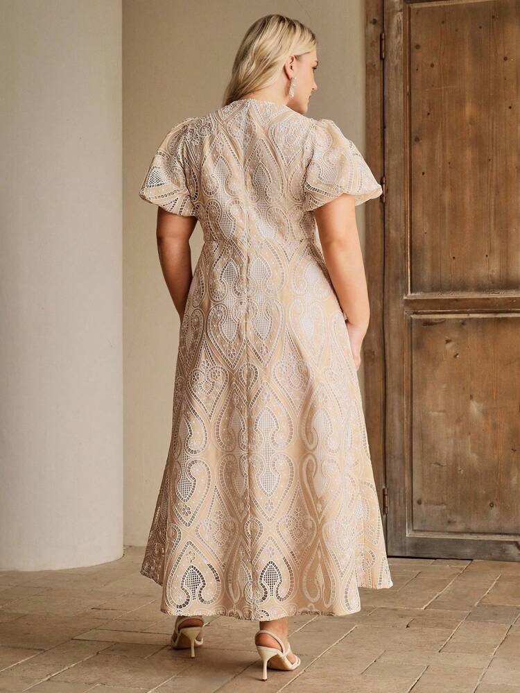 New Embroidered Hollow-Out V-Neck Patchwork Long Dress, Elegant, Modest, Suitable For Spring And Festivals, Plus Size