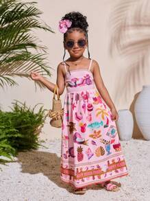小女孩热带印花无袖连衣裙，夏季海滩度假兄弟姐妹装（2 件单独出售） - 粉色 - 查看 6