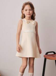 PrepCrw Young Girl Bow Decor Round Neck Elegant Sleeveless Beige Dress,Summer Traditional Wedding Special Occasion School Uniform Teen Outfits - Multicolor - View 4