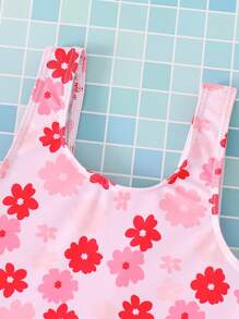 SHEIN Young Girl Cute Floral Print Sleeveless Swimsuit, Casual & Adorable, Spring/Summer - Pink - View 5
