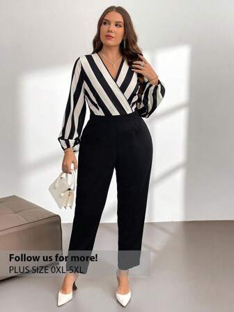 Firerie Plus Block Striped Surplice Neck Lantern Sleeve Jumpsuit