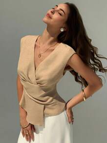 Aloruh New Minimalist Apricot V-Neck Sleeveless Gathered Waist Slim Fit Pullover Blouse, Versatile Commuter Style