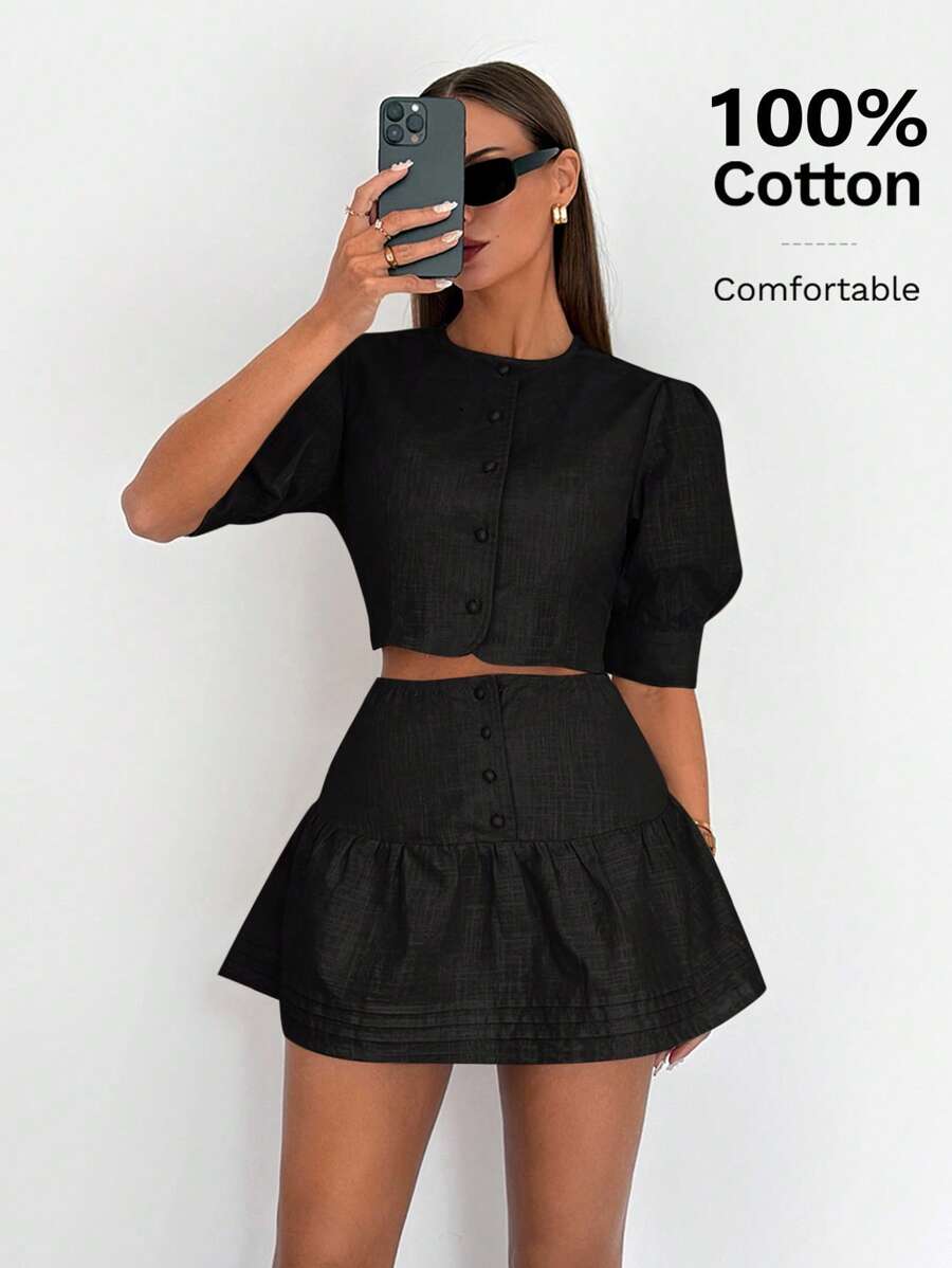 Siren Gaze 女士 100% 纯棉亚麻圆领短款泡泡袖单排扣上衣和迷你裙 2 件套 - 黑色 - 查看 1