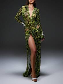 KIZN Jupe de plage longue à manches longues, maxi jupe fendue à imprimé peau de serpent, tenue de plage, jupe portefeuille pour soirée - Vert - Voir 1