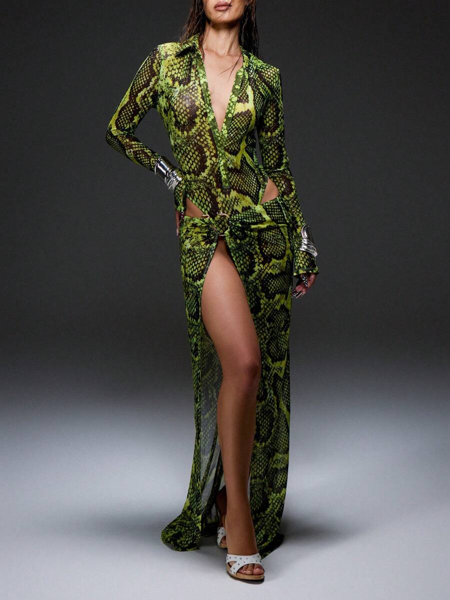 KIZN Jupe de plage longue à manches longues, maxi jupe fendue à imprimé peau de serpent, tenue de plage, jupe portefeuille pour soirée - Vert - Voir 1