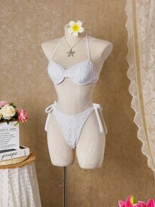 SHEIN Swim مجموعة ملابس سباحة بيكيني نسائية صيفية للشاطئ من قطعتين بتصميم دانتيل زهري وربطة رقبة مثيرة مع تنورة تغطية - لون مشمشي - مشاهدة 5