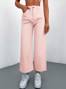 Cottnline High Waist Cropped Wide Leg Jeans - Pink - View 5