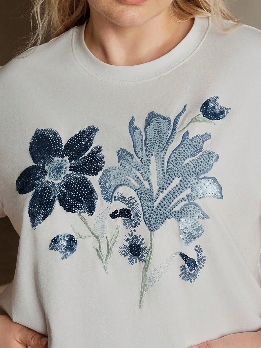 Anewsta Women Summer Elegant Niche Design Sequins Embroidered White Short Sleeve T-Shirt, Slim Fit - Blue - View 1