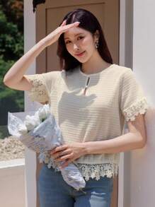 Dazy-Less Women Loose Casual Crocheted Lace Splicing Hollow-Out Design Elegant Short Sleeve Cover Up, Summer Resort Fashion - Beige - View 1
