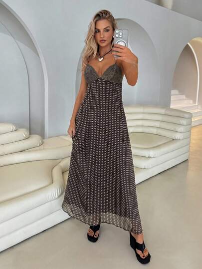 Roylia Halloween Women's Chiffon Lace Patchwork Polka Dot Fitted Deep V-Neck Spaghetti Strap Open Back Empire Waist Maxi Dress, Elegant, Sexy, Romantic, Casual, Suitable For Holiday, Party, Commuting, Spring/Summer