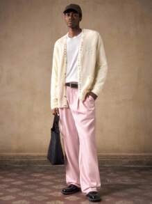 Business Casual AKNOTIC Men's Cream White V-Neck Button Cardigan,Chest Embroidered Pocket Knit Sweater,90s Style,Autumn,Graduation,Back-To-School,Fall Winter Outgoing - Apricot - View 4