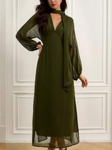 Aveloria Rosie 优雅简约时尚V领丝带装饰褶饰腰部高开衩长袖连衣裙，适合女士，高端设计，适合约会 - 橄欖綠 - 查看 1