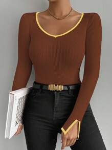 SHEIN LUNE Contrast Trim Cuff Slit Casual Fitted Women Sweater Knit Pullover Fall Winter - Multicolor - View 4
