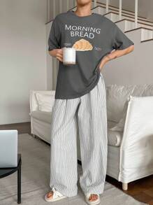 DAZY 2 件女士休闲条纹短袖上衣和裤子睡衣套装，带有英国喇叭印花，宽松版型