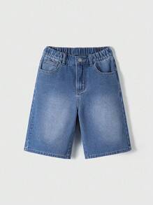 SHEIN 青少年男孩休闲牛仔短裤，松紧腰宽松复古洗水牛仔短裤，夏季街头风格