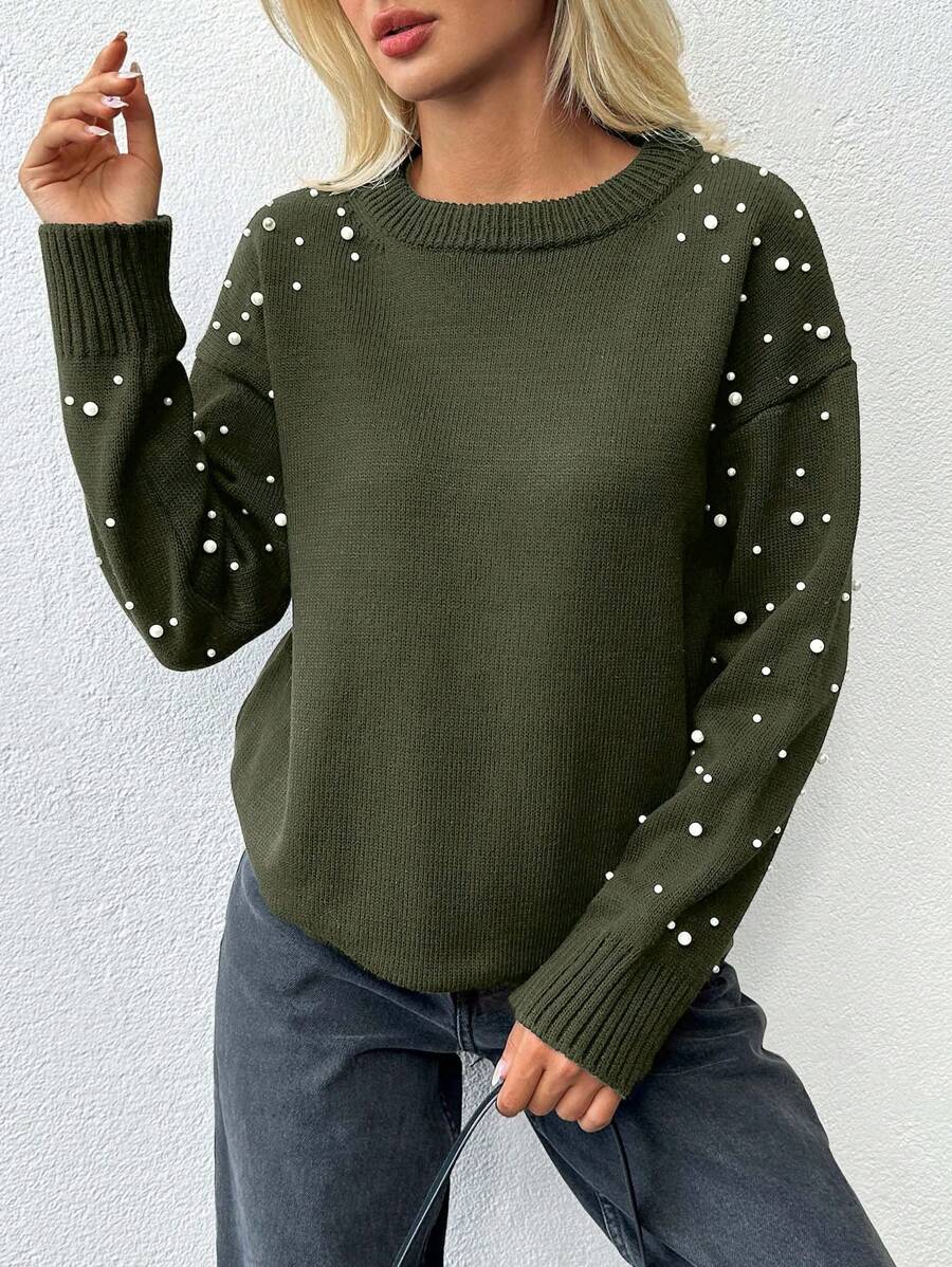 EURMUSE Women Round Neck Black Sweater With Pearl Detailed Sleeve,Jumper,Cream Jumper,Jumpers,Womens Jumper,White Jumper,Women's Jumper,Women's Jumpers,Winter Clothes - Army Green - View 1
