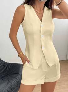 TRNVIE Bộ áo khoác không tay cài nút phía trước tối giản giản dị và quần short gấu váy gấp gấu giữa eo - Màu vàng - Xem 3