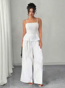Elenzga 加大码织造面料优雅淑女风露肩条纹吊带短款上衣和高腰宽松阔腿裤两件套度假套装，夏季 - 白色 - 查看 5