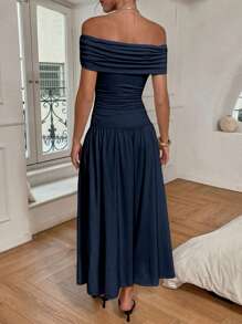 Siren Gaze Women's Elegant Solid Off Shoulder Long Dress Navy Blue Dress Off Shoulder Dress Ankle Length Dress Long Summer Dress,Wedding Guest Dress,Prom Dress,Fall Wedding Guest Dress Party Chic Evening Dress - Navy Blue - View 6