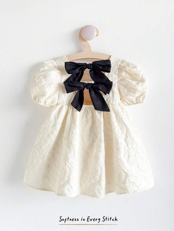 Cozy Pixies Baby Girl Solid Color Jacquard Fabric Contrast Bow Round Neck Puff Sleeve Cinched Waist Princess Dress, Little Formal Dress, 1st Birthday Gift, Suitable For Spring/Summer, Chill Vacation, Suitable For Home, Outing, Picnic, Holiday