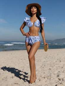 Carolina Barros 女士全花卉印花泳衣套装，适合海滩度假夏季 - 藍白色 - 查看 6