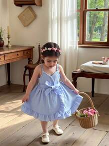 SHEIN Vintaside Kids Jacquard Fabric Casual Everyday Elegant Strap Dress With Belt For Baby Girls, Spring/Summer Suitable For Outings - Blue - View 1