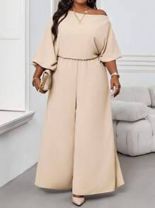 SHEIN Lady Autumn And Winter Elegant Vintage Work Casual Office Champagne Woven Off The Shoulder Ball Gown Bishop Sleeve Backless New Product Plus Size Jumpsuits - Khaki - View 6