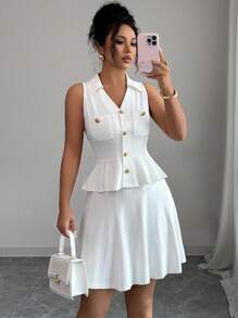 Elenzga 2pcs Women Casual French V-Neck Diamond Button Ruffle Flare Sleeve Fitted Knit Top & Skirt Set