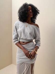Zolique Women Casual Solid Color Oblique Shoulder Top And Bodycon Skirt 2 Pieces Set - Grey - View 3