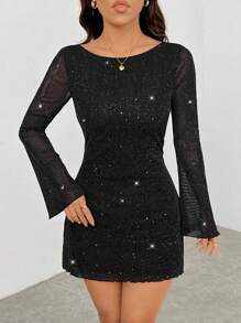 SHEIN PETITE 女士新款黑色亮片露背喇叭袖连衣裙，适合活动/约会的派对连衣裙 - 黑色 - 查看 2