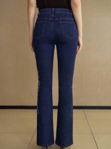 MOTF PREMIUM Floral-Jeans mit Roh-Kante und Weitem Bein ohne Gürtel