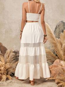 LanaWest Women's Bohemian Woven Strap Patchwork Minimalist Lace Trim Cropped Camisole And Mini Skirt Set - White - View 7