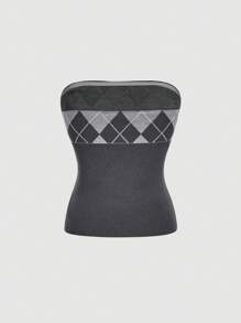 SHEIN MOD Grey Diamond Grid Tie-Front Tube Top, Collegiate Style - Multicolor - View 2