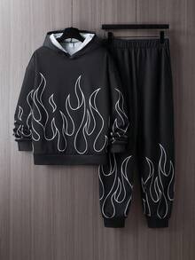 SHEIN 2件套青少年男童休闲舒适百搭火焰印花连帽衫和运动裤套装 - 黑色 - 查看 5